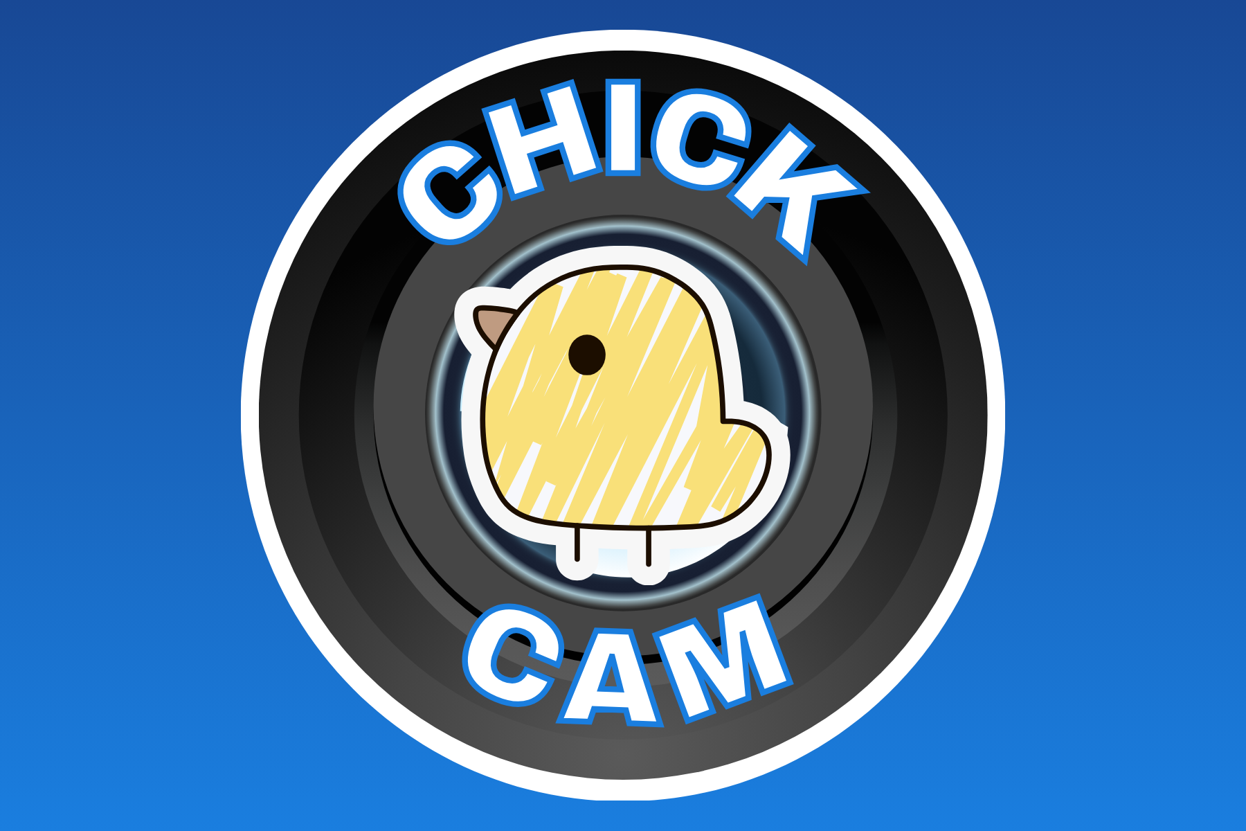 blue background with a picture of a camera lens and a chicken.  it says chick cam.