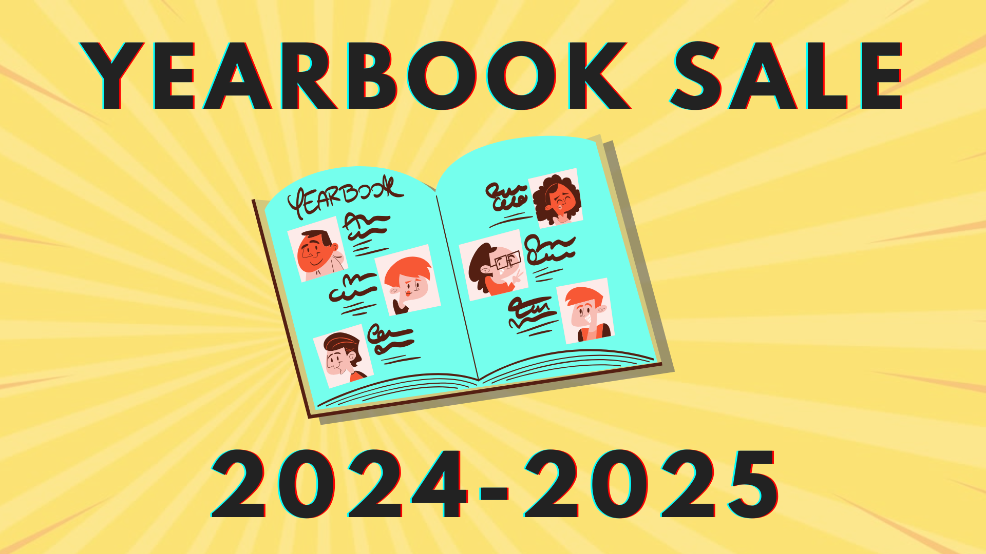Yearbook Sale 2024-2025 clip art of yearbook pages. yellow background.