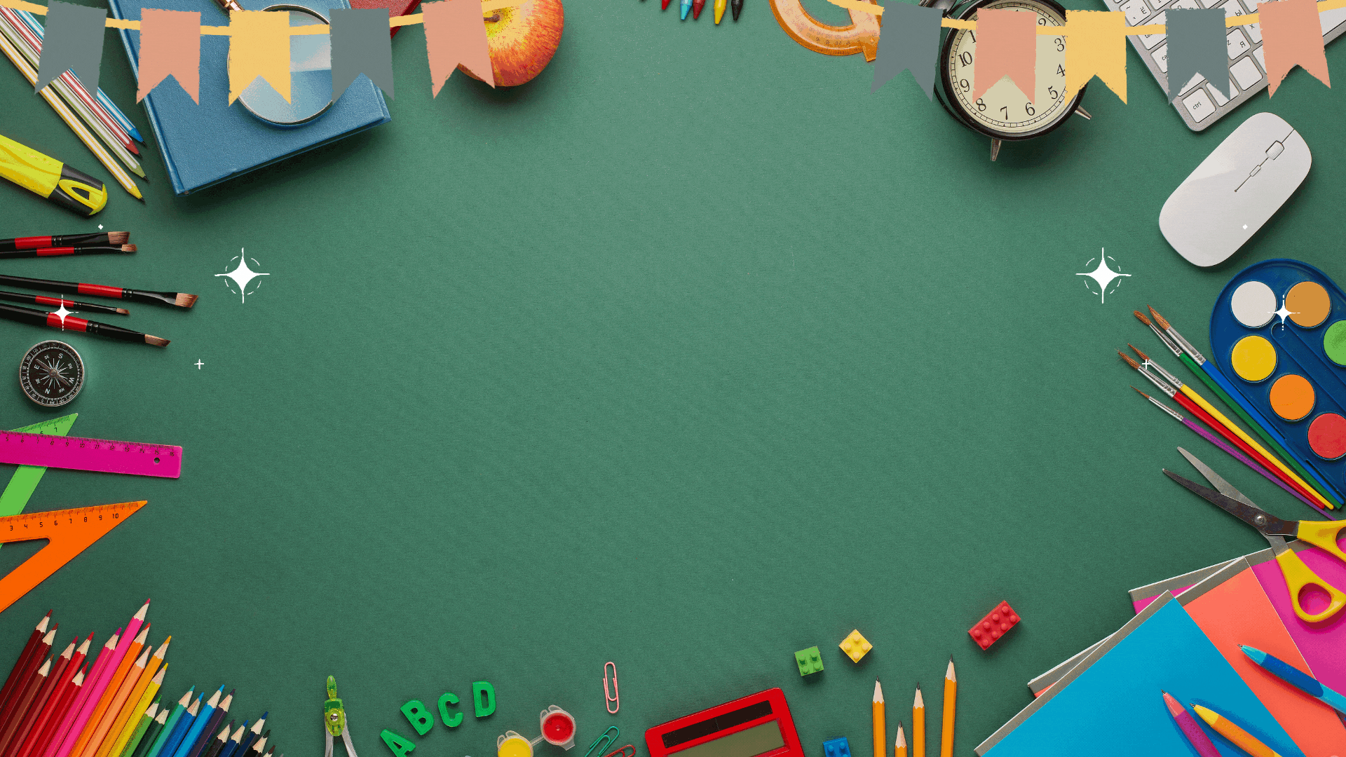 school supplies with green background.  Says "school supplies 2025-2026".