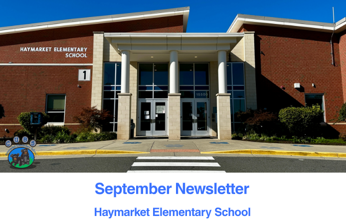Haymarket Elementary front of school building.  HMES logo,  September Newsletter.