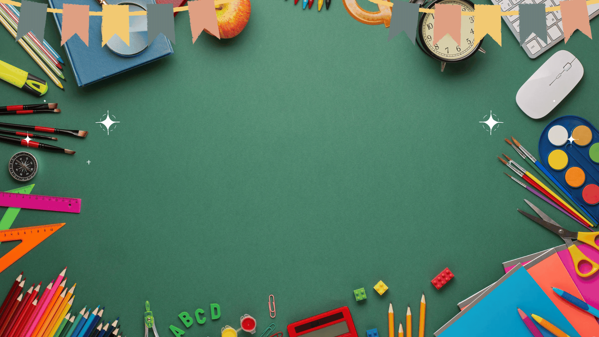 green background, school supplies border, says "School Supply Lists 2026-2027"
