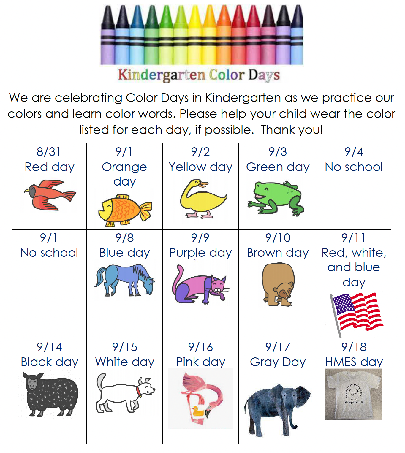Kindergarten Color Days Calendar